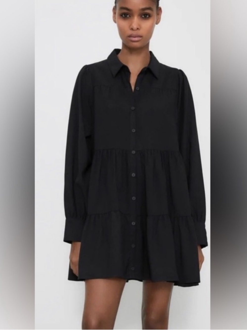 Zara Textured Black Long-Sleeve Tiered Shirt Dress
